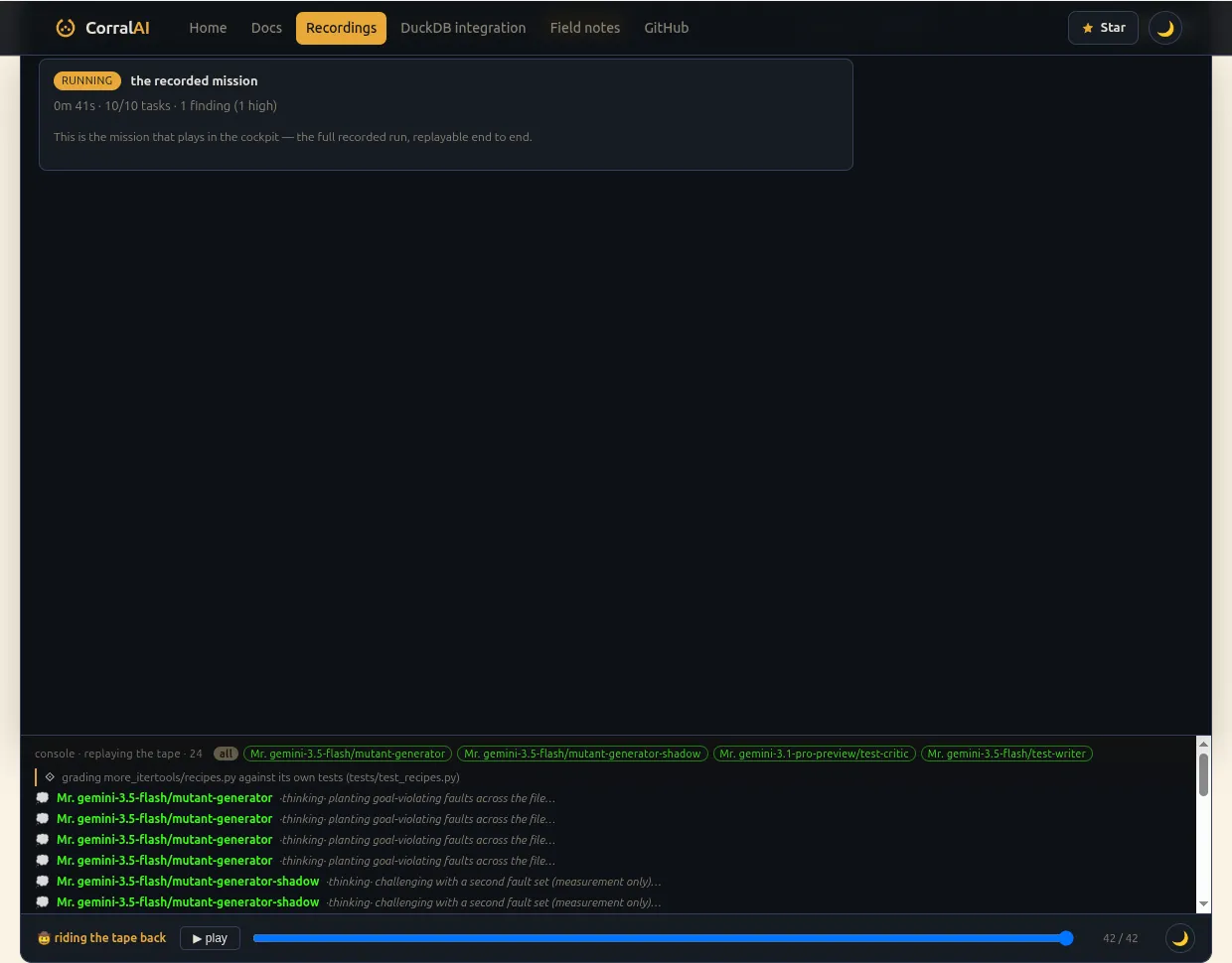 The Completed tab, expanded into the “what you just watched” hero breakdown for “certify more-itertools: full_permutation”: a verdict strip reading “CERTIFIED · killed 18/20 · 2 survivors”; below it an expandable panel showing what was tested (the goal and the audited file), the decorrelated herd that ran it (gemini-3.5-flash/mutant-generator, claude-sonnet-5/test-writer, claude-haiku-4-5/test-critic, each with its host and jail), what happened in the jail (20 mutants planted, 18 killed, 2 survivors — 1 proven by the test-writer, 1 still unproven), and an honest-limits section quoting the test-critic’s full argument: “test_full_permutation asserts range(3) == (0, 1, 2), which is always False in Python 3 — the assertion never fires, so this test proves nothing”; “details” and “replay” buttons below