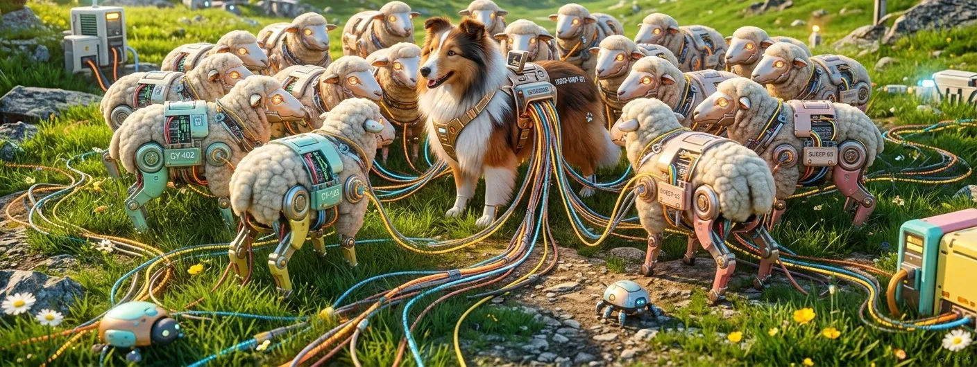A Sheltie named Shep minding a herd of cabled electric sheep on a sunny hillside โ the corral at work.