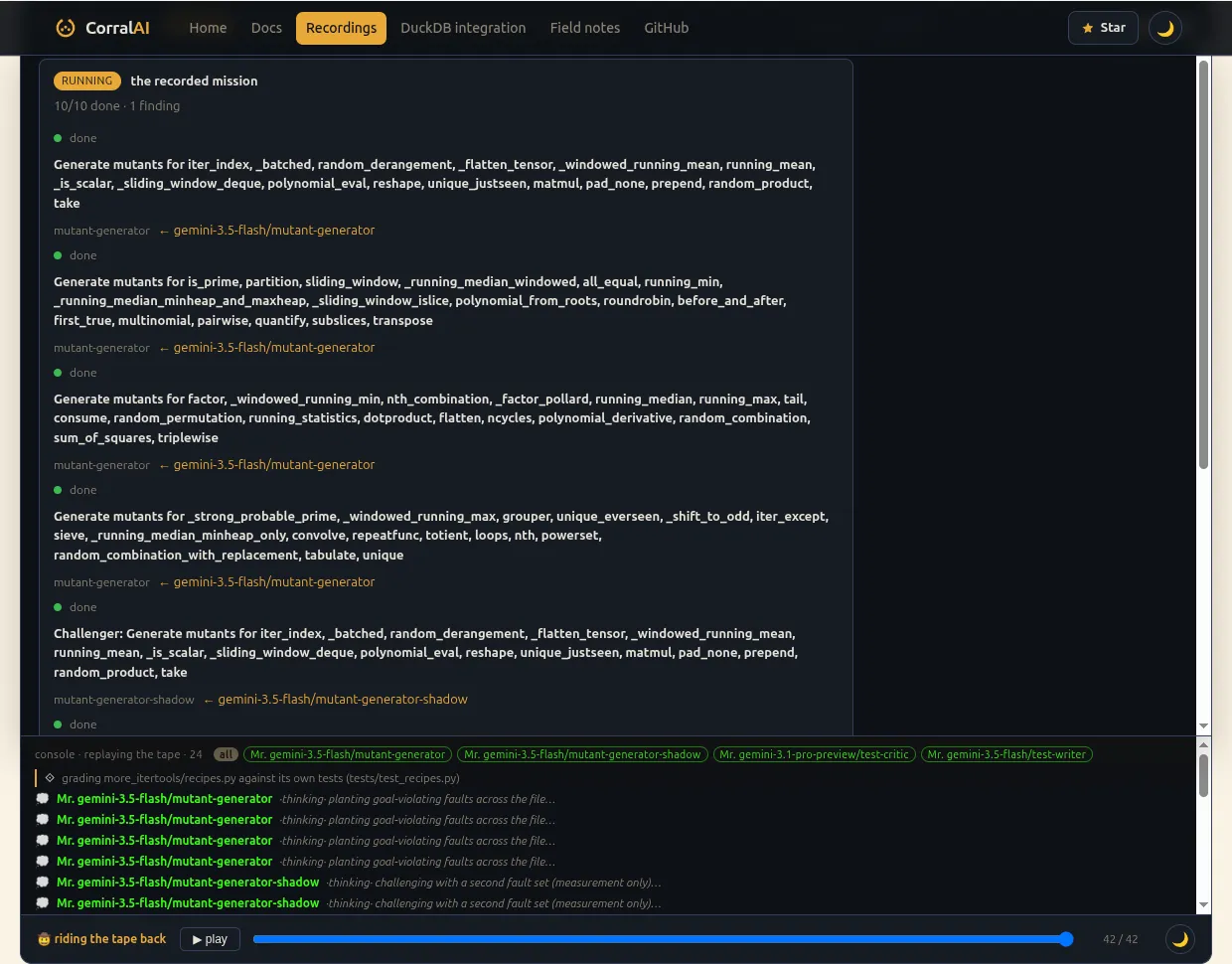 The Progress tab showing two audit runs: “certify more-itertools: full_permutation” (DONE, 20/20 mutants resolved, kill-rate 18/20, 2 survivors — 1 proven, 1 unproven) with its full plant→dev-run→test-write→critic-review chain complete, and “certify passwd.go: Valid” (RUNNING, 6/8 mutants resolved) with the mutant-plant and dev-suite-run shards done, a test-write shard claimed by claude-sonnet-5/test-writer, and the remaining critic-review shard still pending