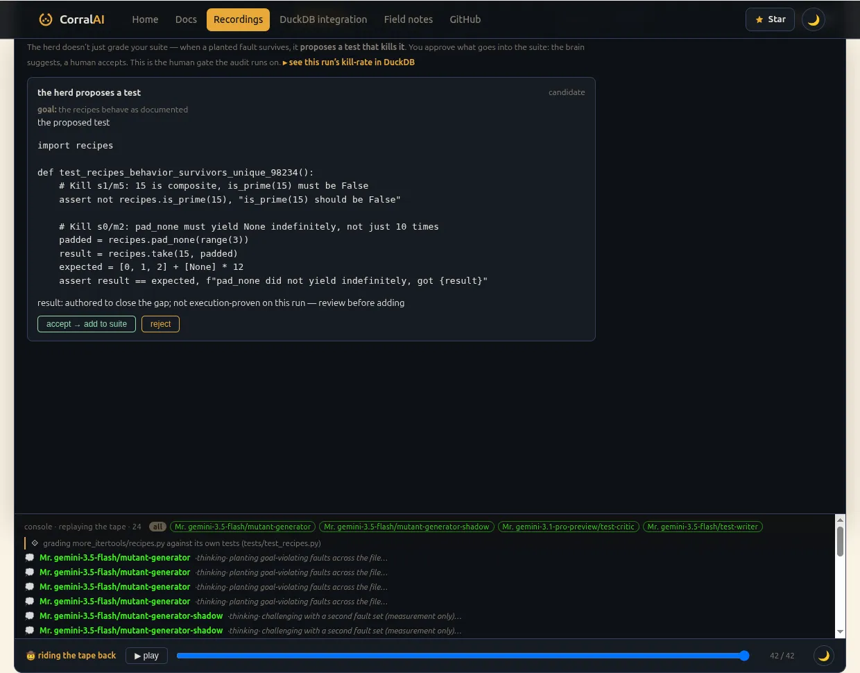 The Proposals tab showing one pending test proposal for full_permutation: the surviving mutant it targets (a flipped boundary in the length check), the goal (“must generate every permutation of the given length”), the proposed test body, a “PROVEN — kills the survivor in the jail” result badge, and approve/reject buttons with a note that decisions in this replay are demo-only and don’t persist